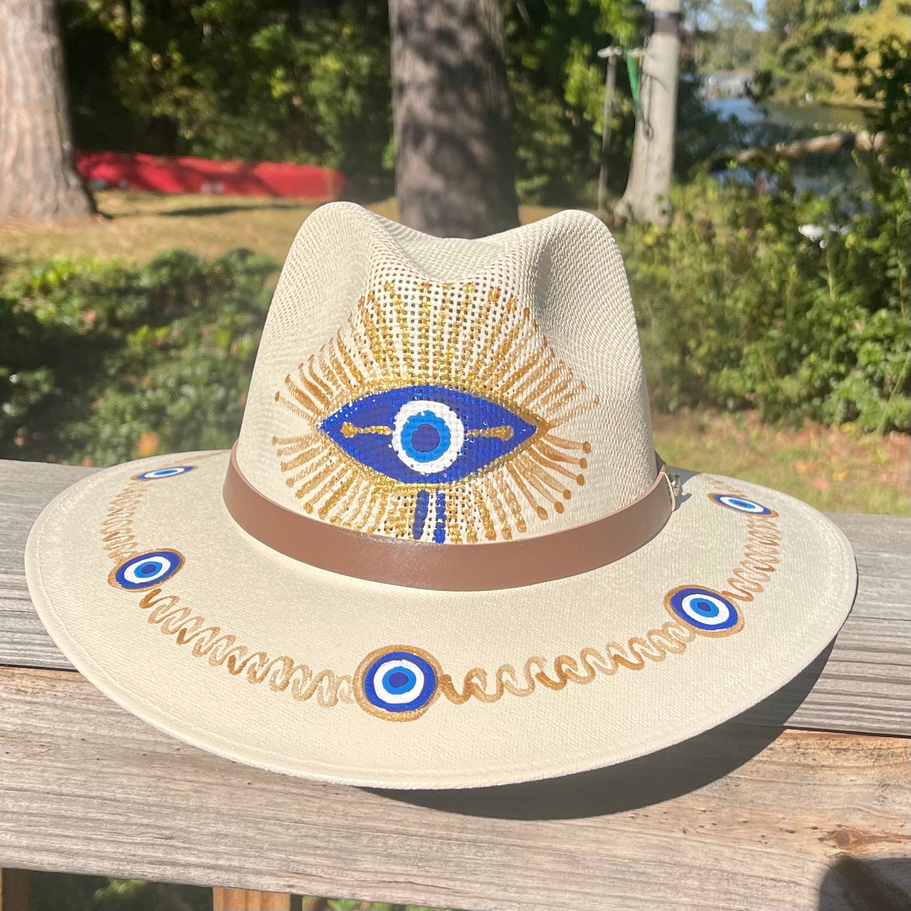 Sombrero Cream & Blue/ Gold Evil Eye-Jenstones Jewelry