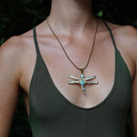 Load image into Gallery viewer, Dragonfly Pendant - Amazonite, larimar, moonstone and Pearl in Brass-Jenstones Jewelry
