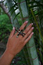 Load image into Gallery viewer, Dragonfly Ring in Labradorite, Larimar &amp; Pearl in Brass-Jenstones Jewelry
