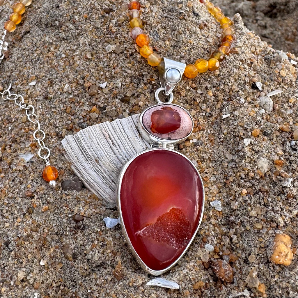 Carnelian Druzy and Fire Opal Necklace-Jenstones Jewelry