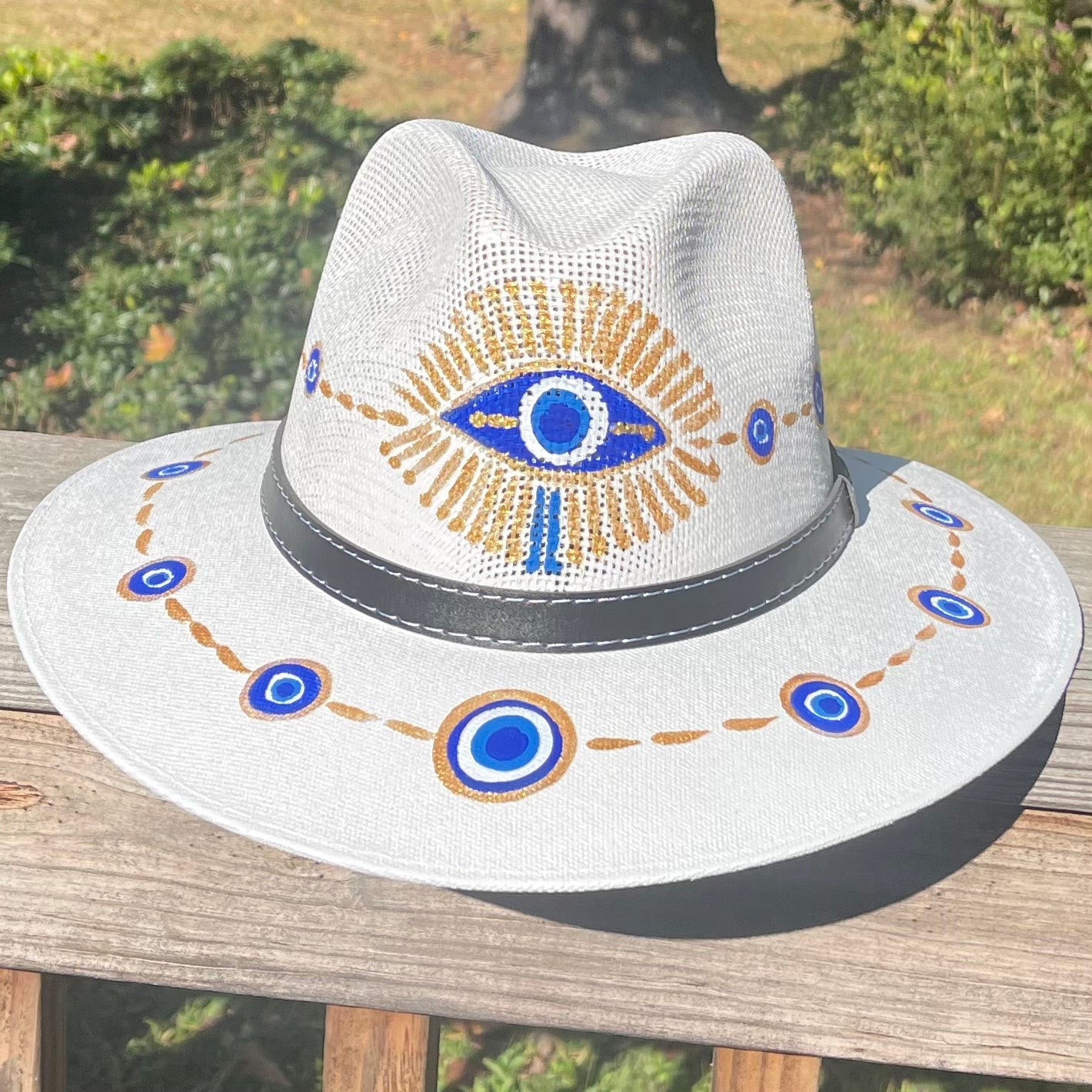 Sombrero White & Blue/ Gold Evil Eye-Jenstones Jewelry