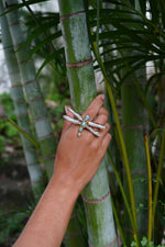Load image into Gallery viewer, Dragonfly Ring - Pearl and Larimar in brass-Jenstones Jewelry
