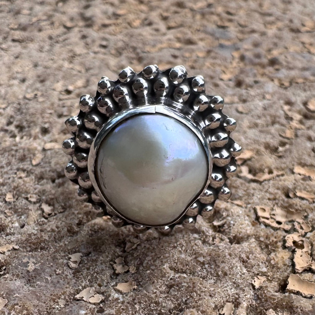 Freshwater Pearl Ring with Hand-Carved Sterling Silver-Jenstones Jewelry