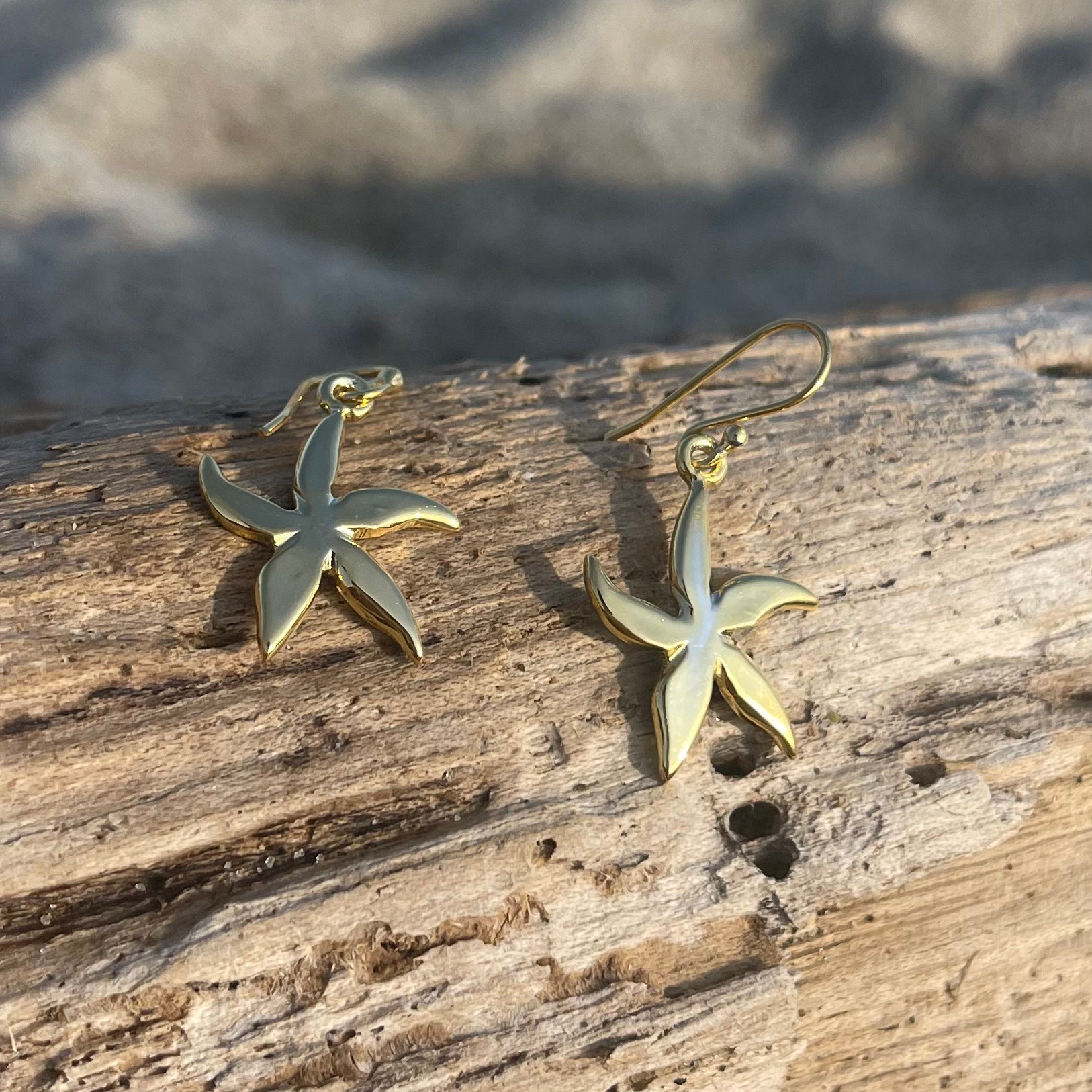 Gold Plated Bronze Starfish Dangle Earrings-Jenstones Jewelry