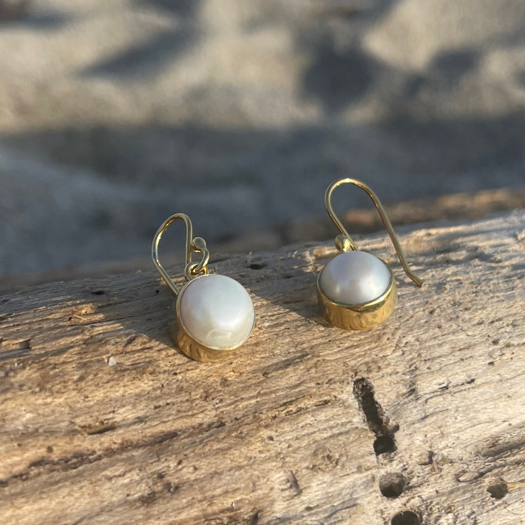 Gold Plated Bronze Pearl Dangle Earrings-Jenstones Jewelry