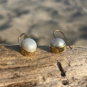 Gold Plated Bronze Pearl Dangle Earrings-Jenstones Jewelry
