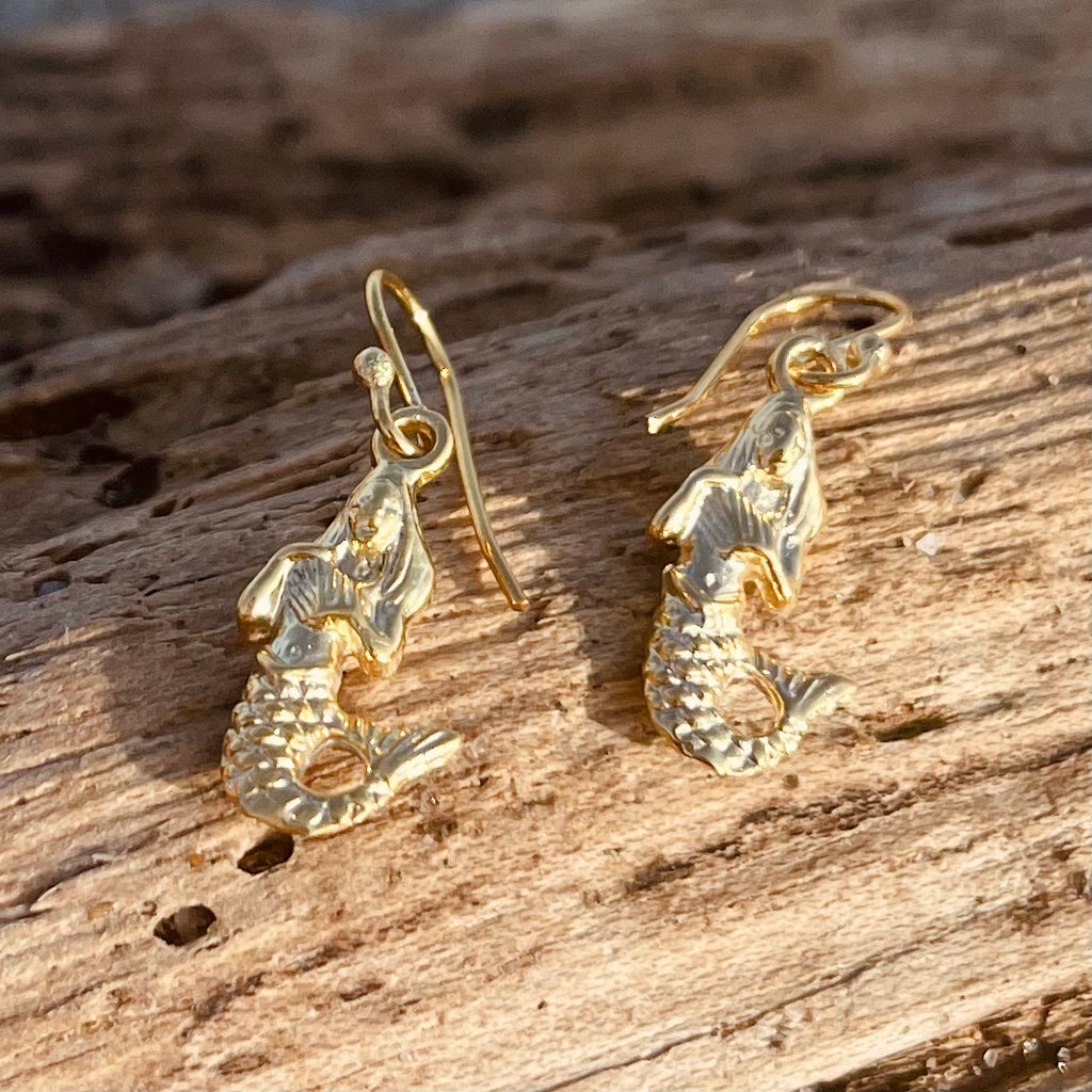 Gold Plated Bronze Mermaid Dangle Earrings-Jenstones Jewelry