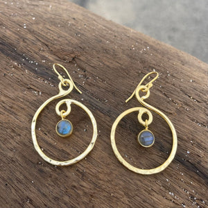 Gold Plated Hammered Swirl Dangle Earrings w/ Labradorite-Jenstones Jewelry
