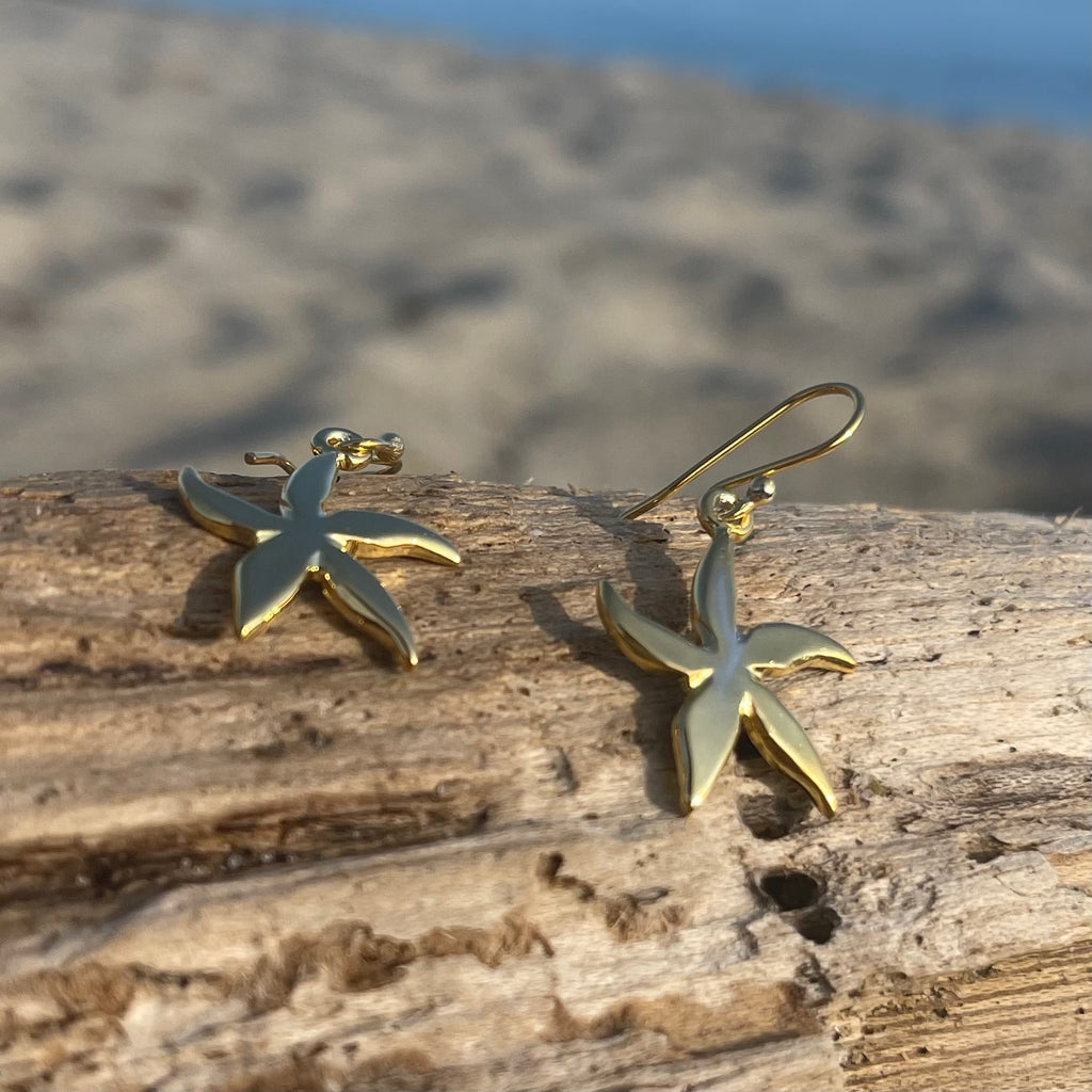 Gold Plated Bronze Starfish Dangle Earrings-Jenstones Jewelry
