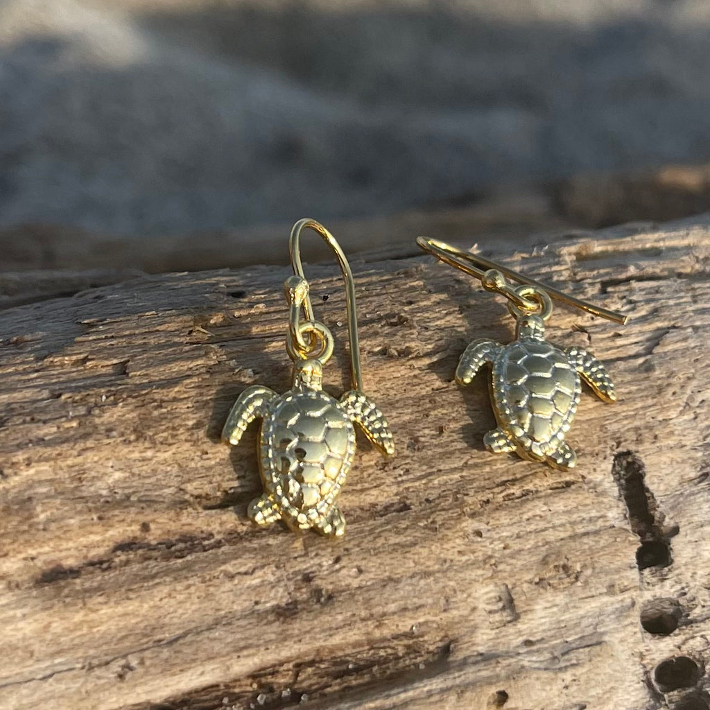 Gold Plated Bronze Sea Turtle Dangle Earrings-Jenstones Jewelry