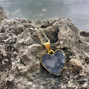 Gray Agate Crystal Druzy Heart Pendant Bronze-Jenstones Jewelry