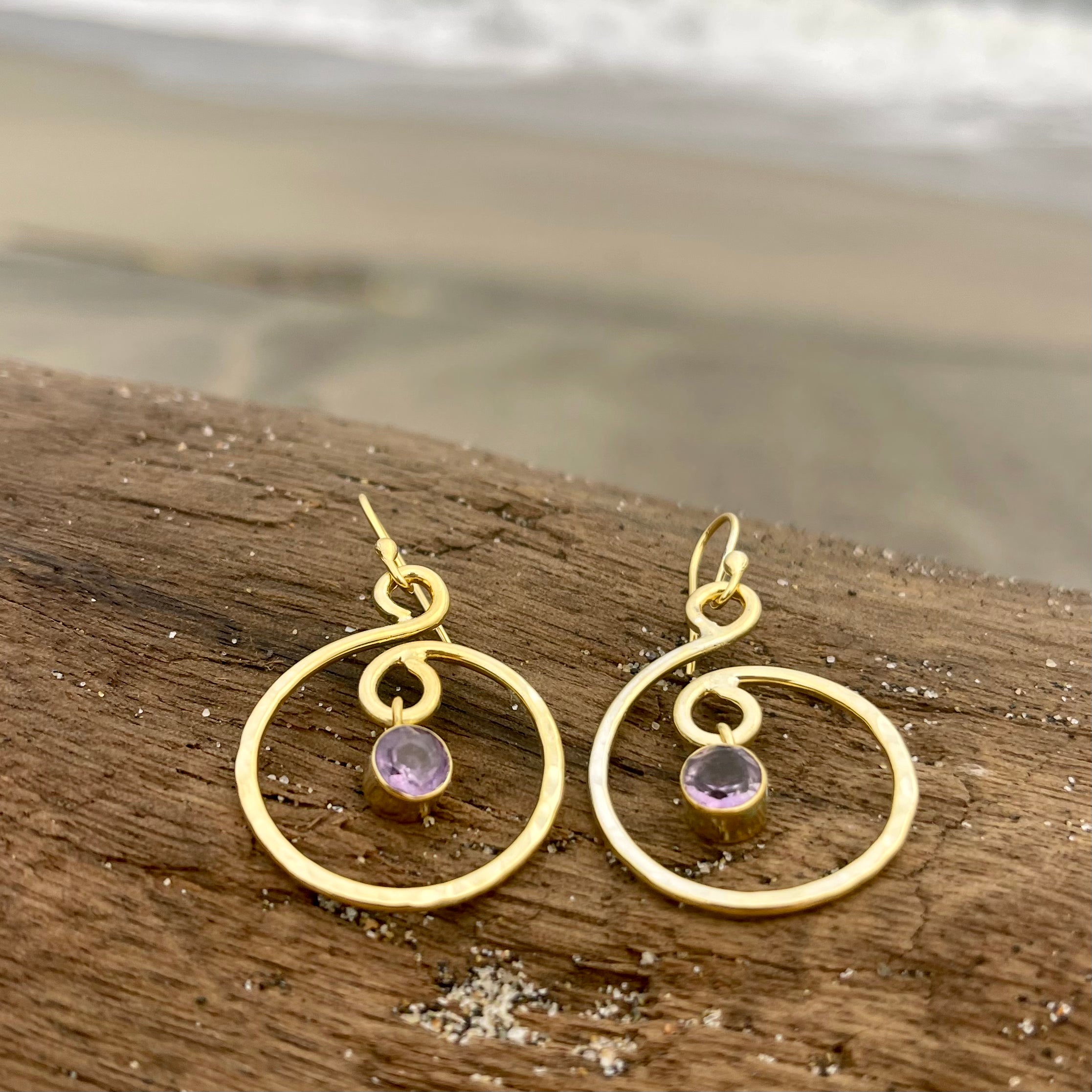 Gold Plated Hammered Swirl Dangle Earrings w/ Amethyst-Jenstones Jewelry