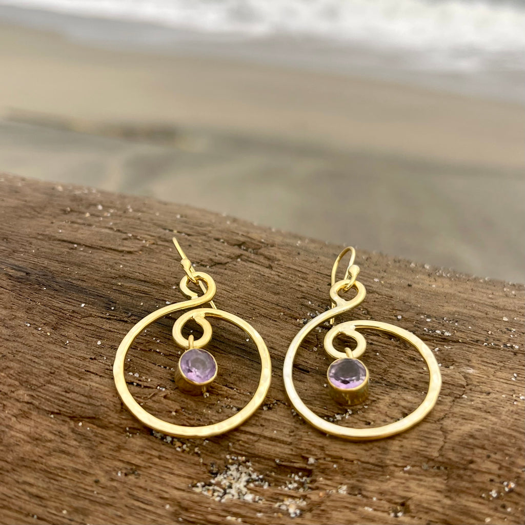 Gold Plated Hammered Swirl Dangle Earrings w/ Amethyst-Jenstones Jewelry