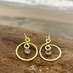Load image into Gallery viewer, Gold Plated Hammered Swirl Dangle Earrings w/ Amethyst-Jenstones Jewelry
