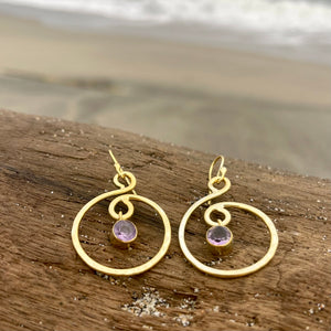 Gold Plated Hammered Swirl Dangle Earrings w/ Amethyst-Jenstones Jewelry