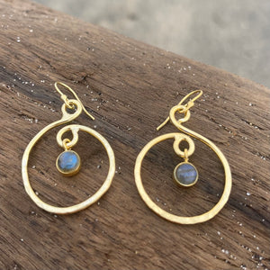 Gold Plated Hammered Swirl Dangle Earrings w/ Labradorite-Jenstones Jewelry