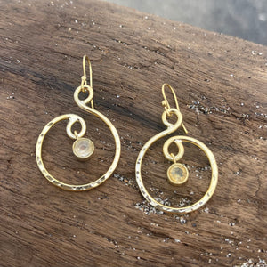 Gold Plated Hammered Swirl Dangle Earrings w/ Citrine-Jenstones Jewelry