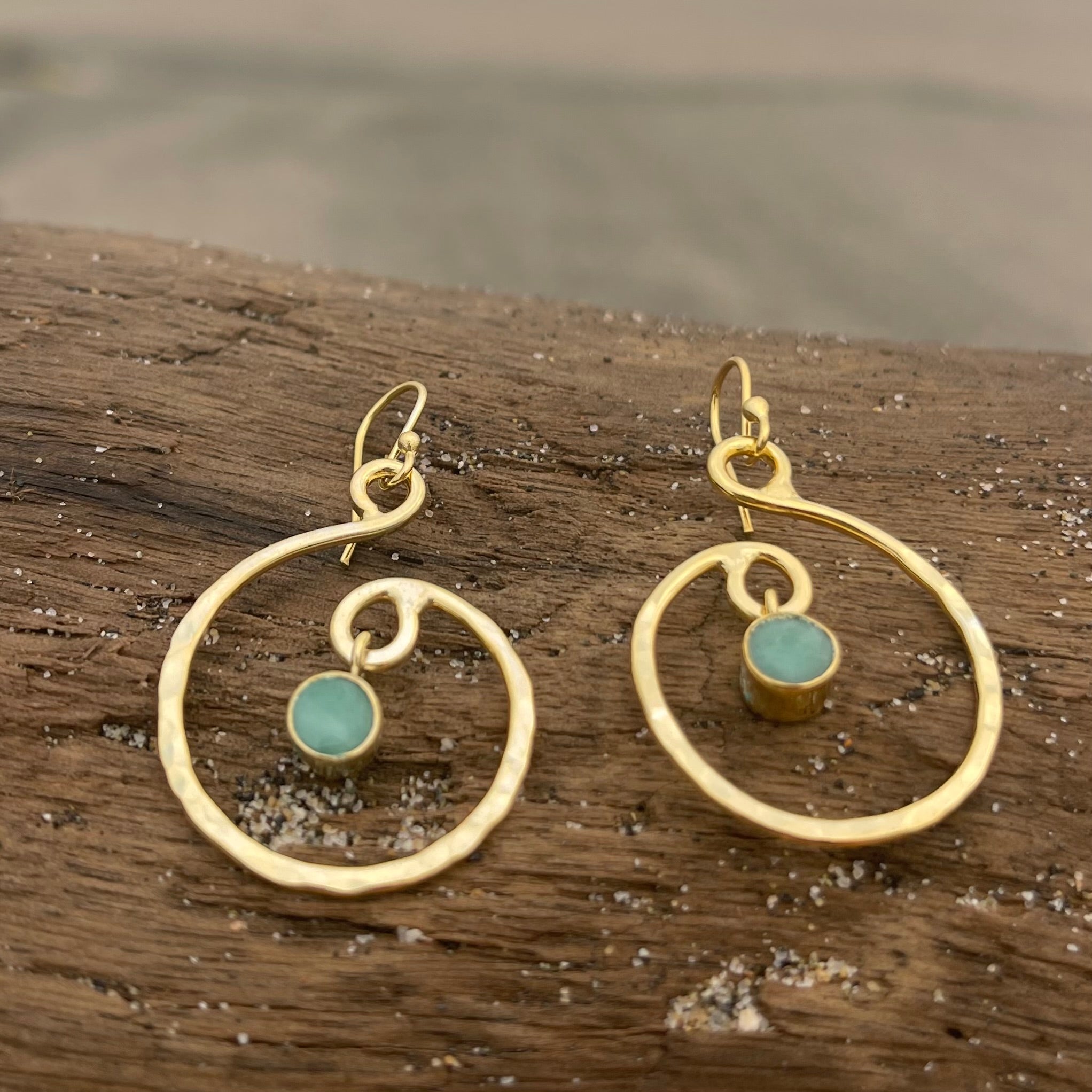 Gold Plated Hammered Swirl Dangle Earrings w/ Emerald-Jenstones Jewelry