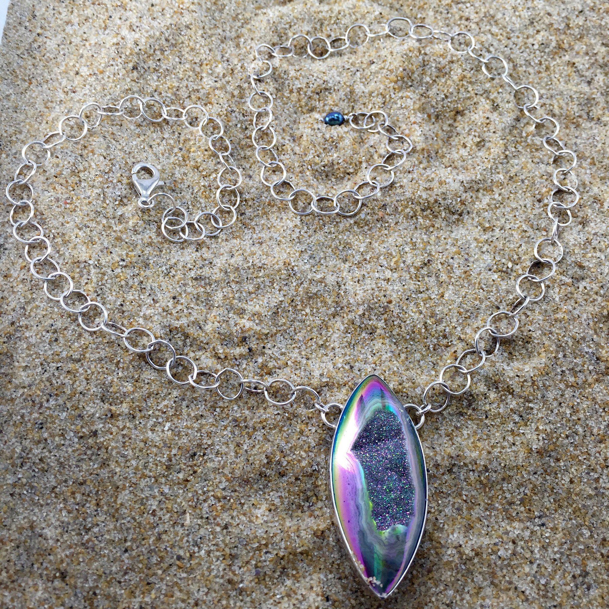 Chain Link Necklace with Opulescent Druzy Shaft-Jenstones Jewelry