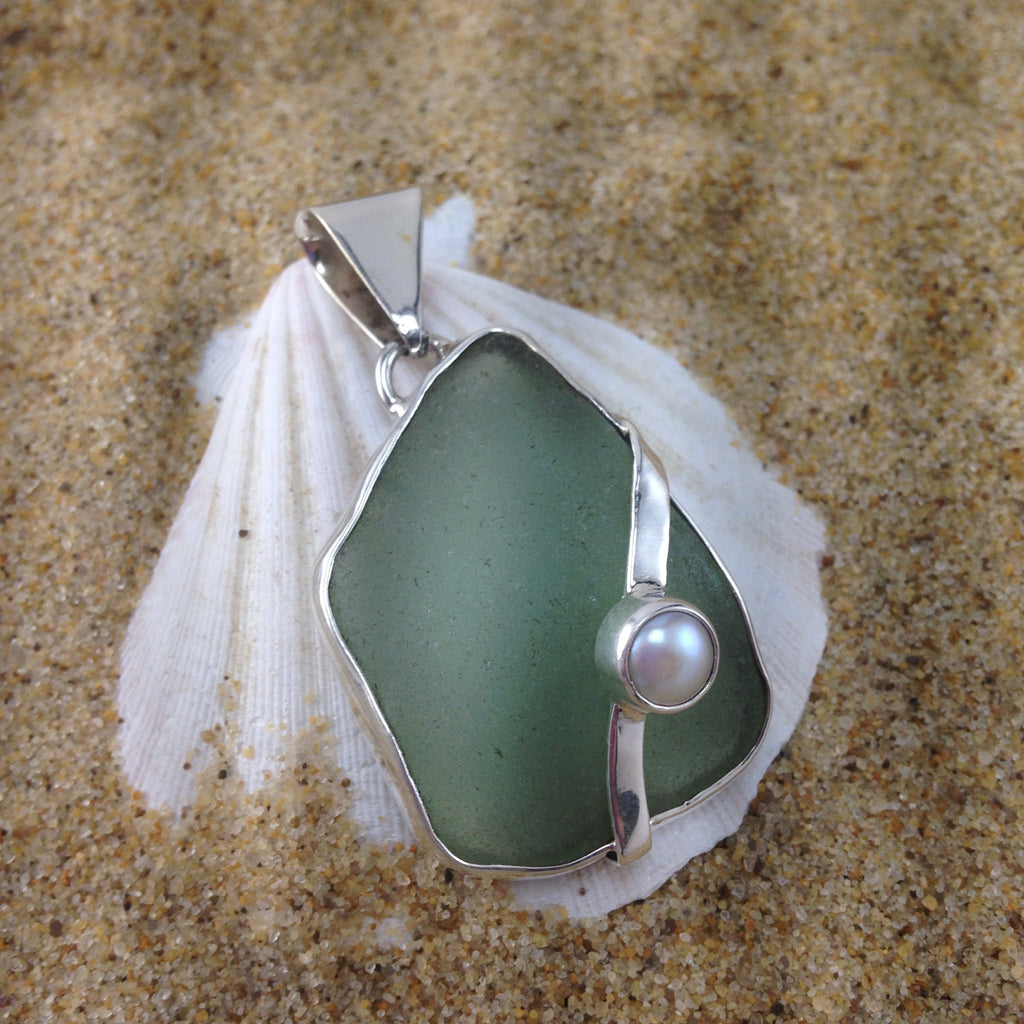 Window Pendant Foam Green Sea Glass and Pearl-Jenstones Jewelry