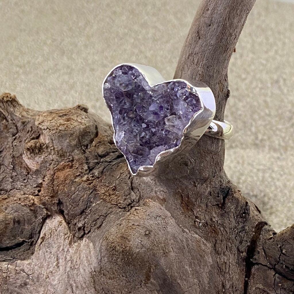 Raw Amethyst Druzy Heart Ring-Jenstones Jewelry