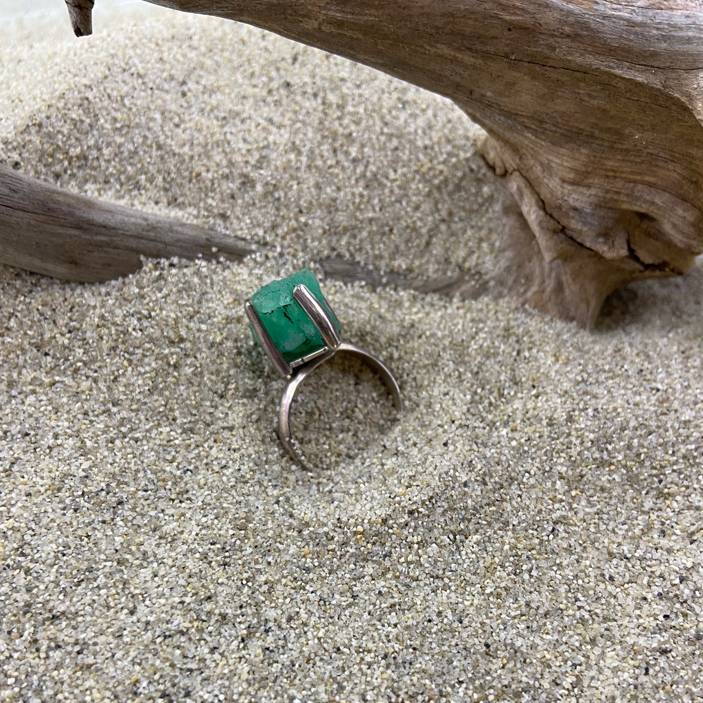 Raw Emerald with Petite Sterling Silver Pronged Ring Setting-Jenstones Jewelry
