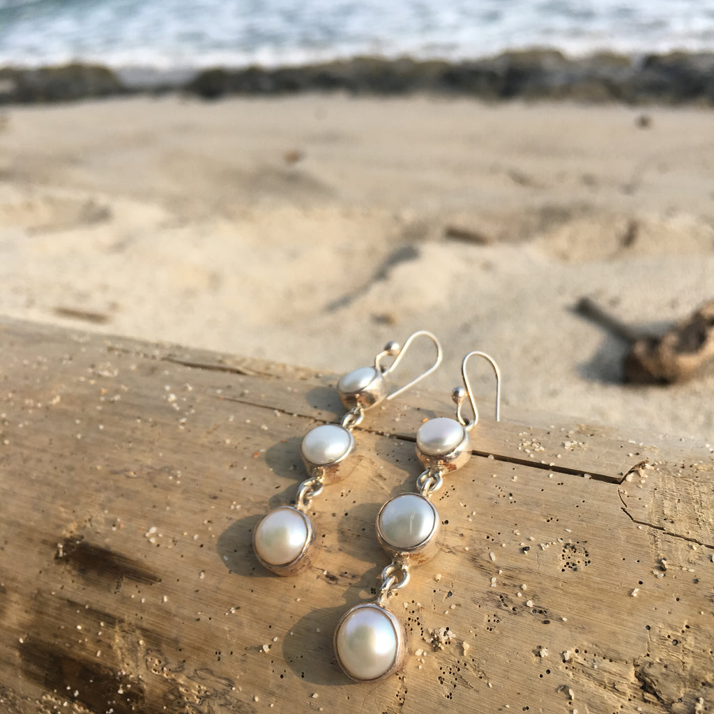 Triple Dangle Earrings White Fresh Water Pearl-Jenstones Jewelry