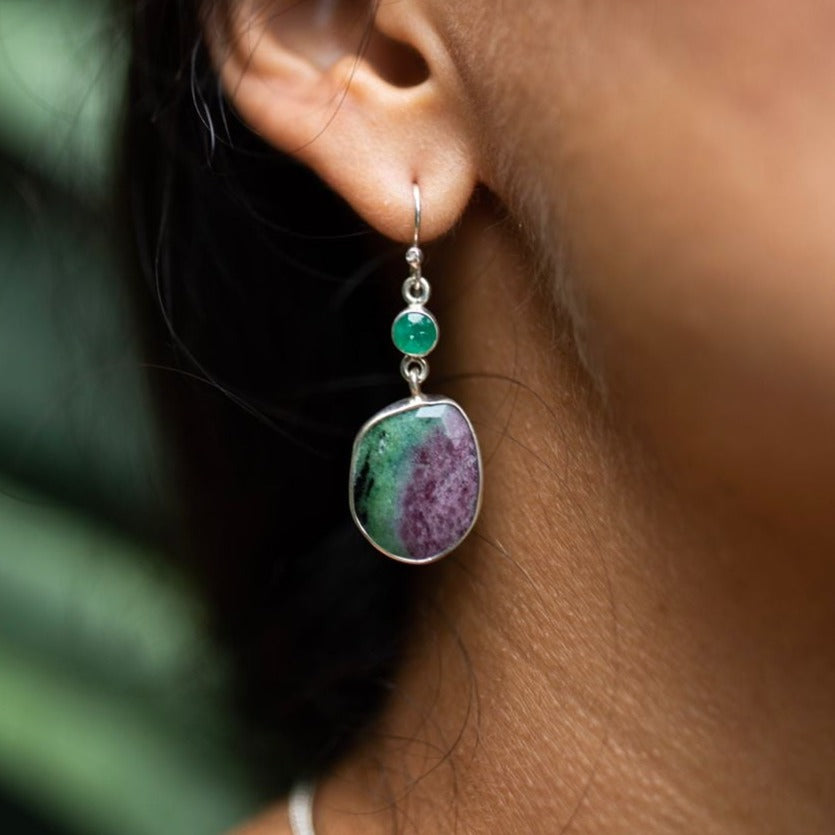 Faceted Ruby Zoisite and Emerald Earrings-Jenstones Jewelry
