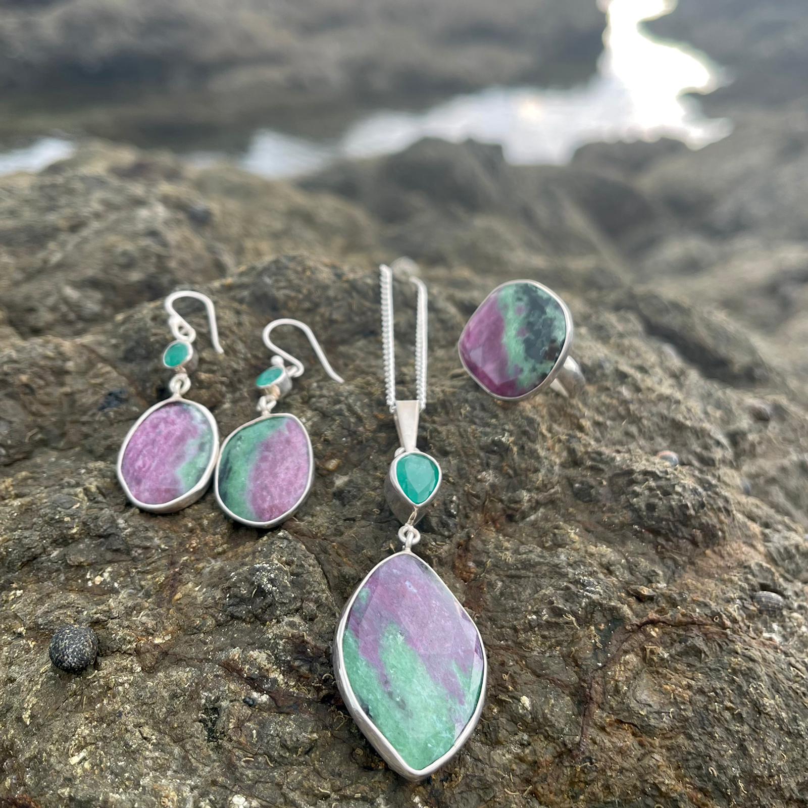 Faceted Ruby Zoisite and Emerald Earrings-Jenstones Jewelry