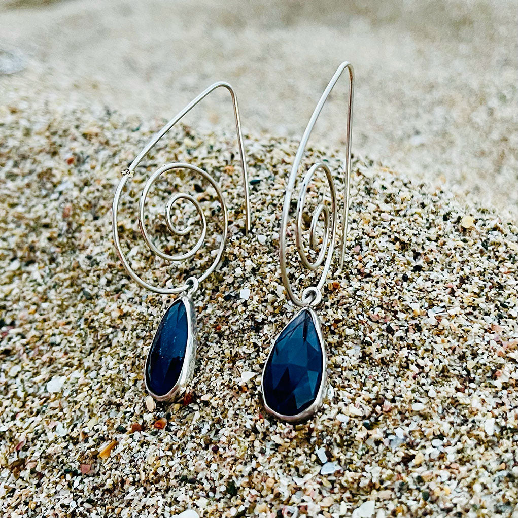 Sapphire and Silver Swirl Earrings-Jenstones Jewelry