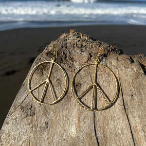 Hammered Peace Sign Hoop Dangle Earrings-Jenstones Jewelry