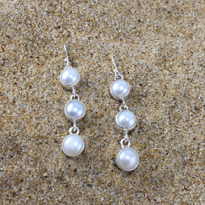Triple Dangle Earrings White Fresh Water Pearl-Jenstones Jewelry