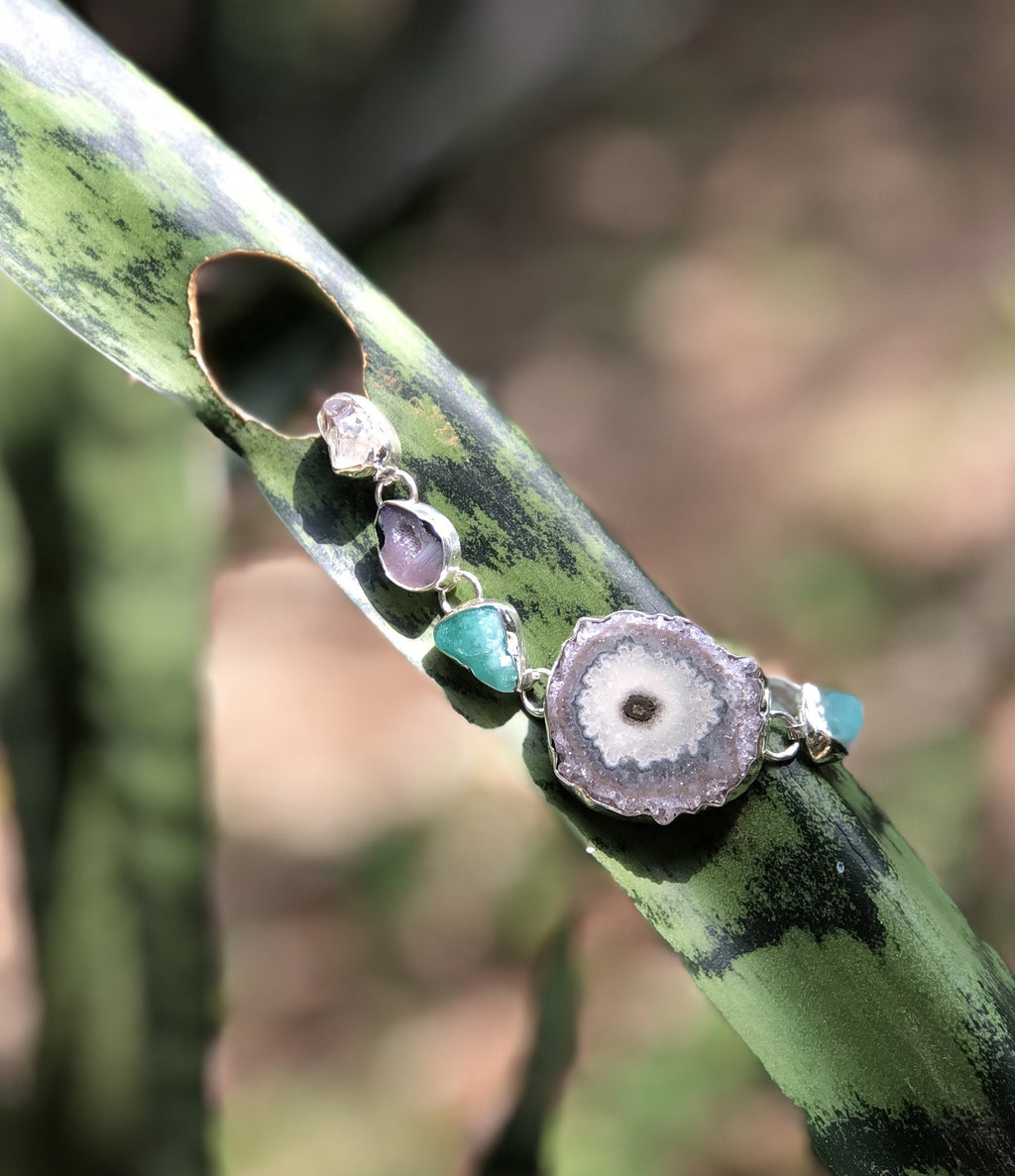 Amethyst Geode, Raw Emerald, and Herkimer Diamond Link Bracelet-Jenstones Jewelry