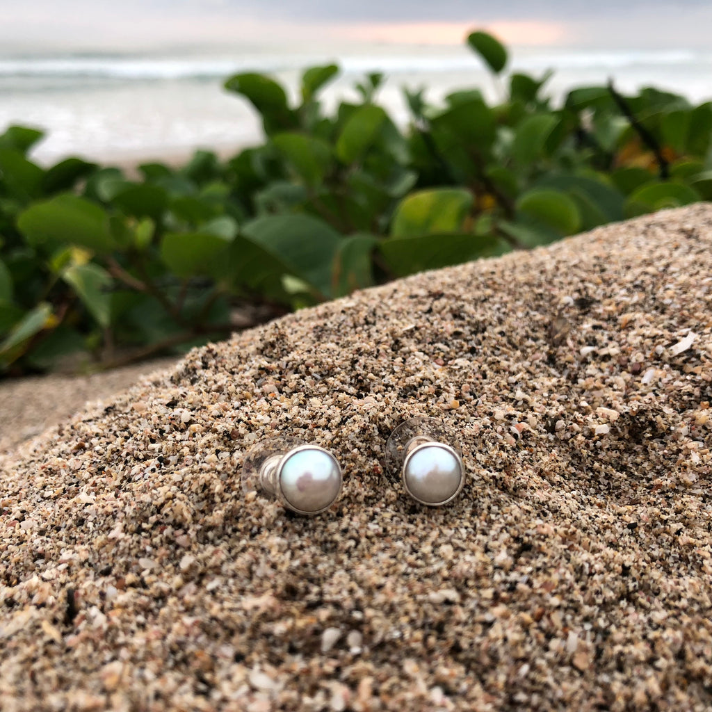 White Fresh Water Pearl Post Earrings-Jenstones Jewelry