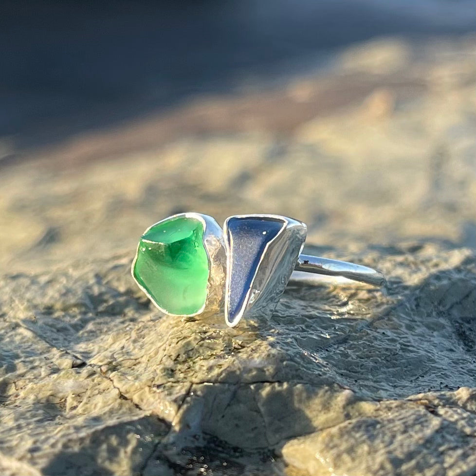 Cobalt Blue and Sea Green Sea glass Wrap Around Ring-Jenstones Jewelry