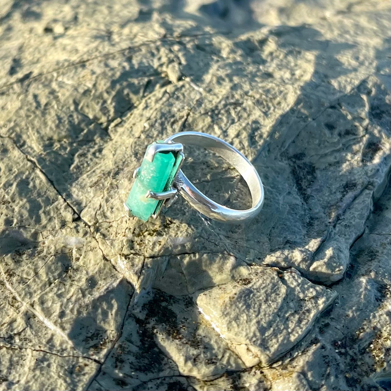 Raw Emerald Faceted Crystal with Sterling Silver Pronged Ring Setting-Jenstones Jewelry
