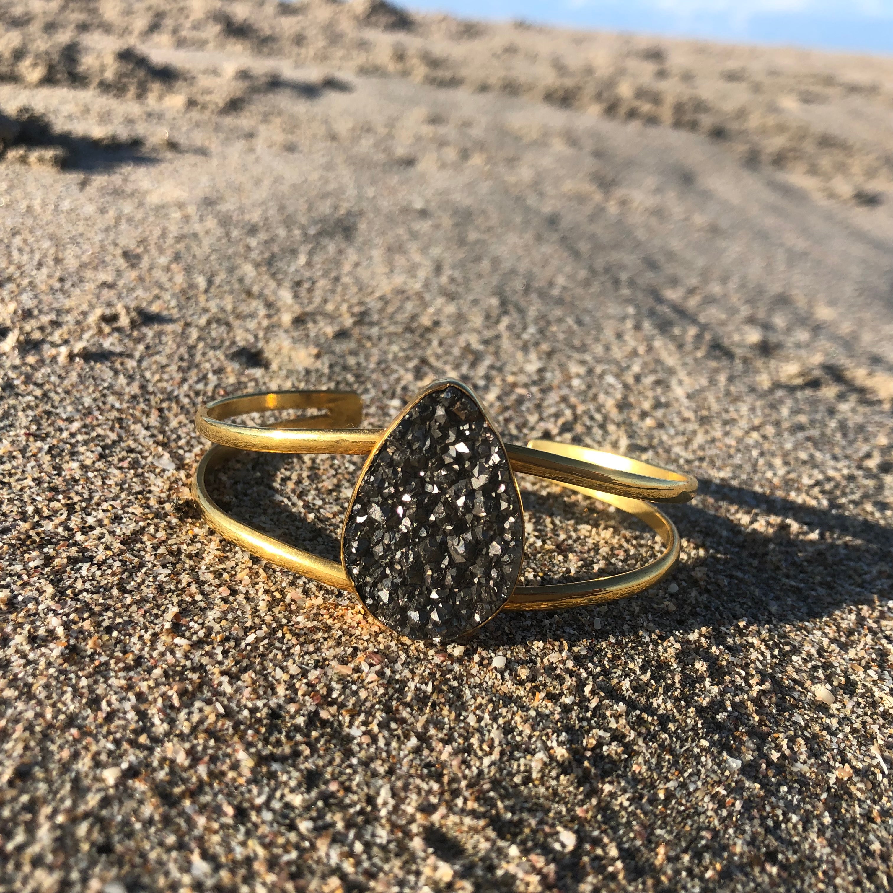 Titanium Druzy Cuff, Gold Plated Bronze-Jenstones Jewelry