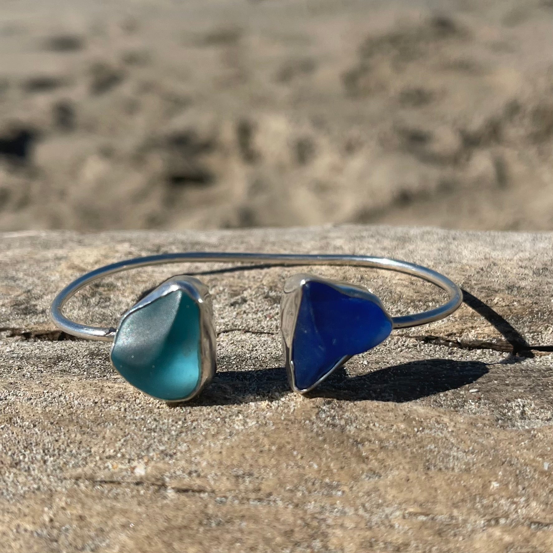 Wrap Bangle with Aqua & Cobalt Blue Sea Glass-Jenstones Jewelry