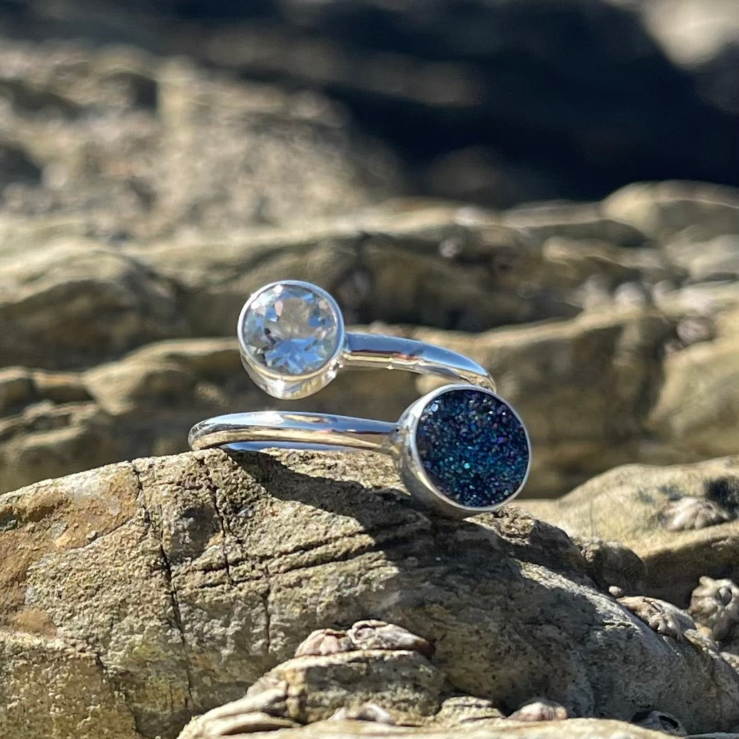 Faceted Blue Topaz and Druzy Wrap Around Ring-Jenstones Jewelry