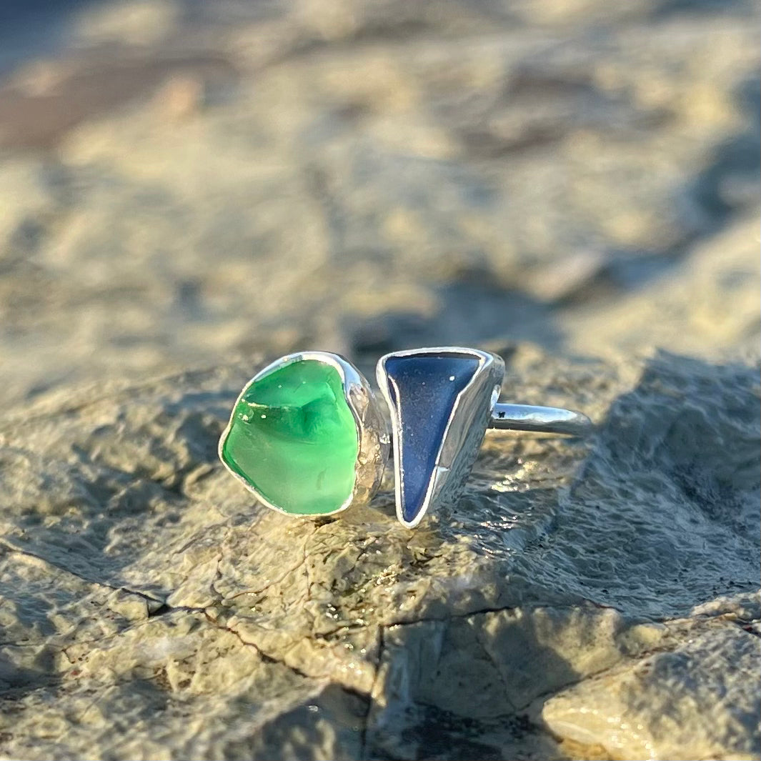 Cobalt Blue and Sea Green Sea glass Wrap Around Ring-Jenstones Jewelry