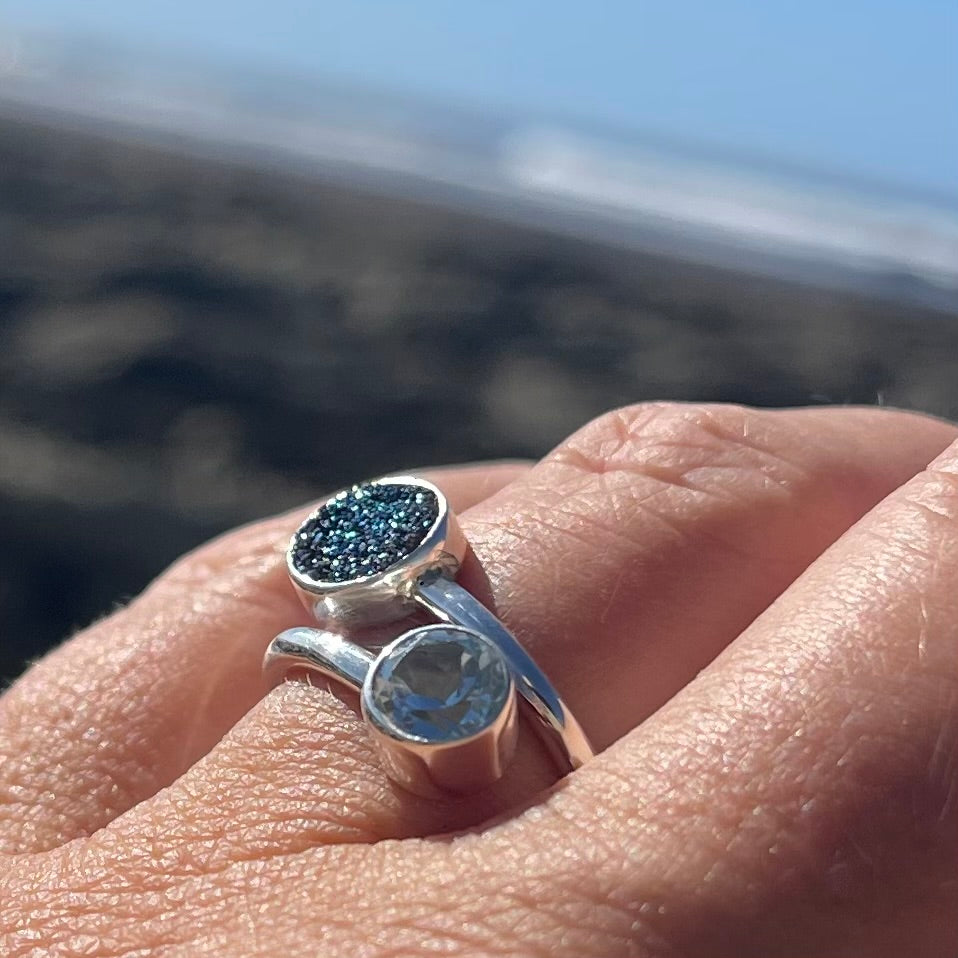 Faceted Blue Topaz and Druzy Wrap Around Ring-Jenstones Jewelry