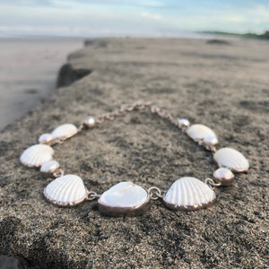 Pearl and Scallop Shell Silver Link Necklace-Jenstones Jewelry
