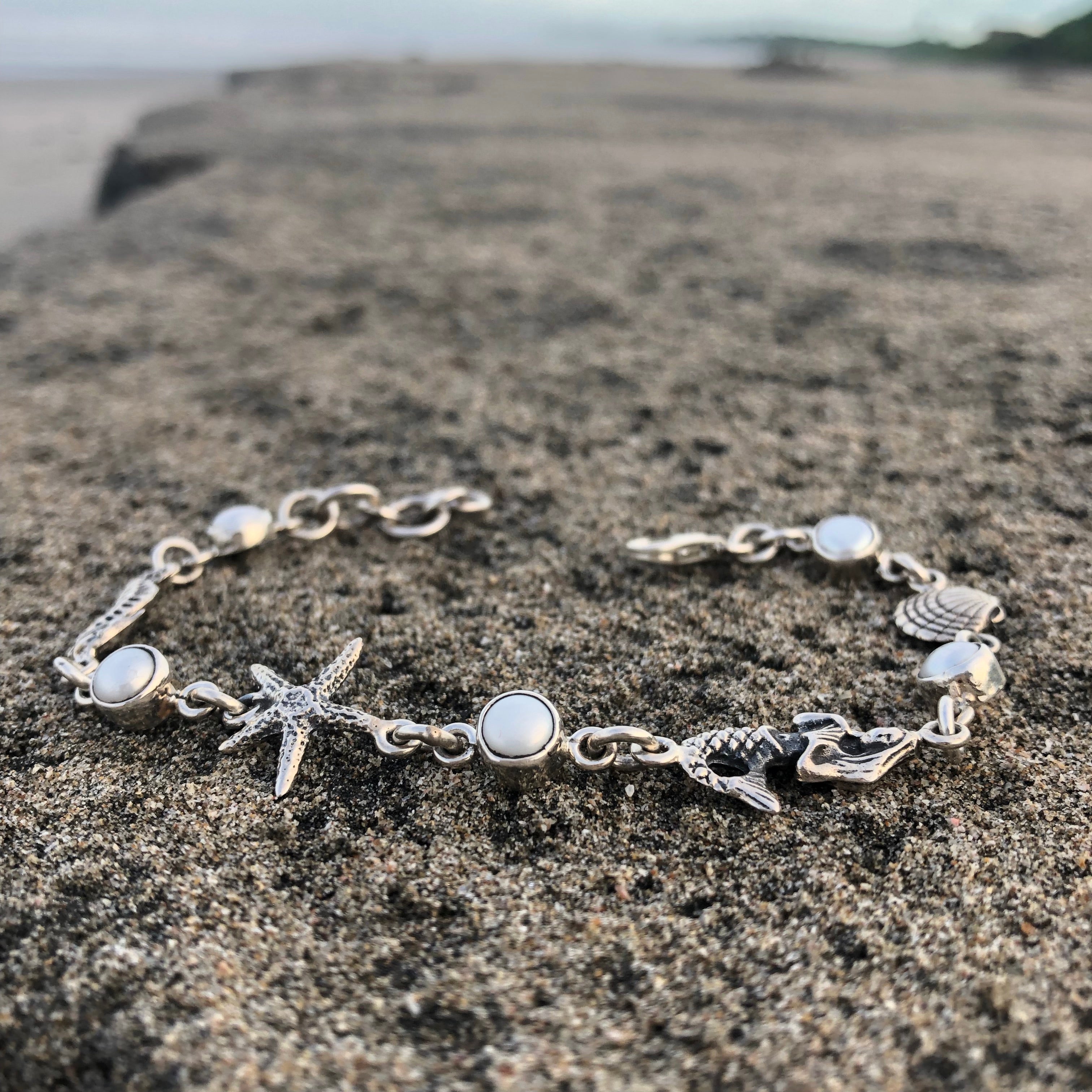 Sea Creatures and Pearl Silver Link Bracelet-Jenstones Jewelry