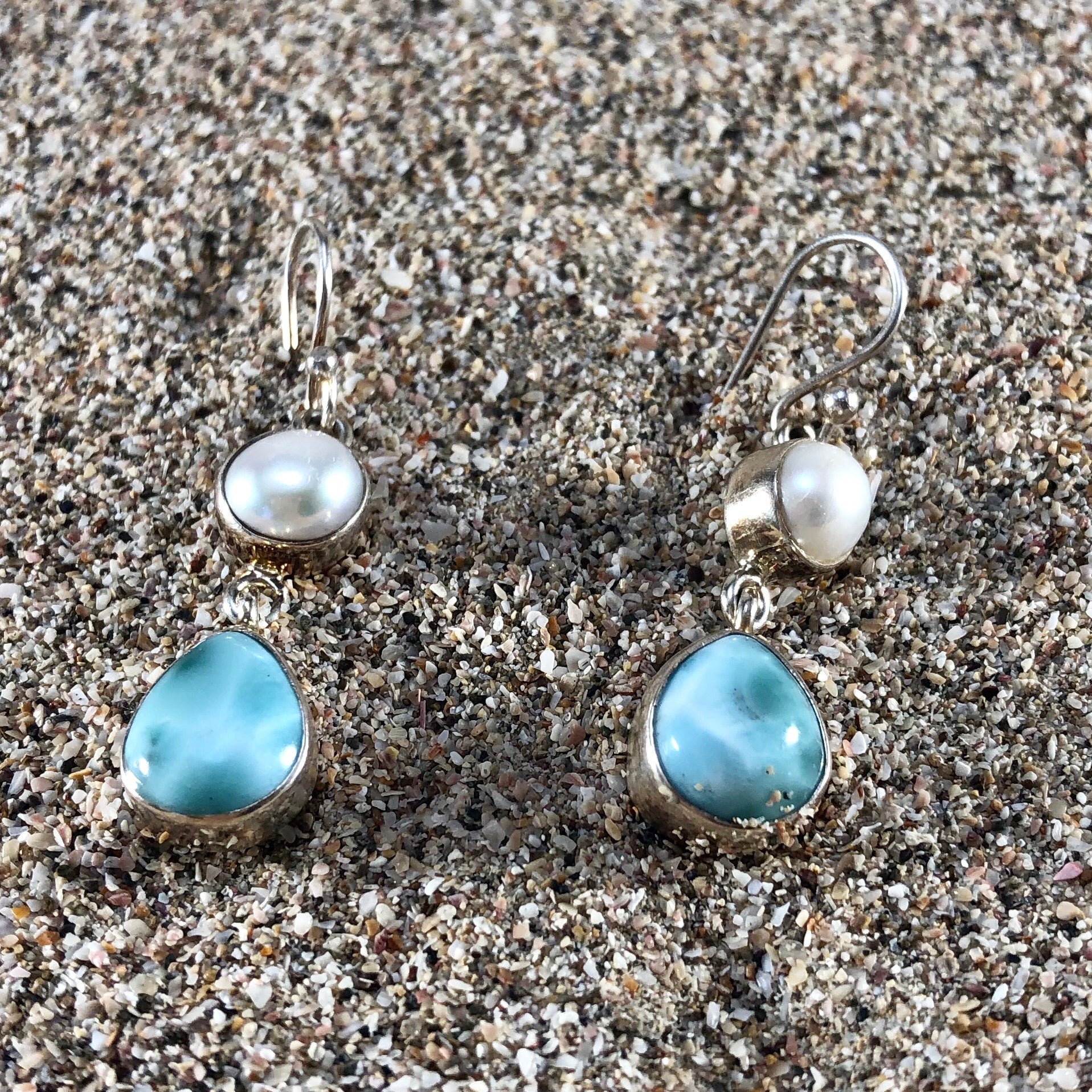 Double Pearl Earrings with Larimar-Jenstones Jewelry