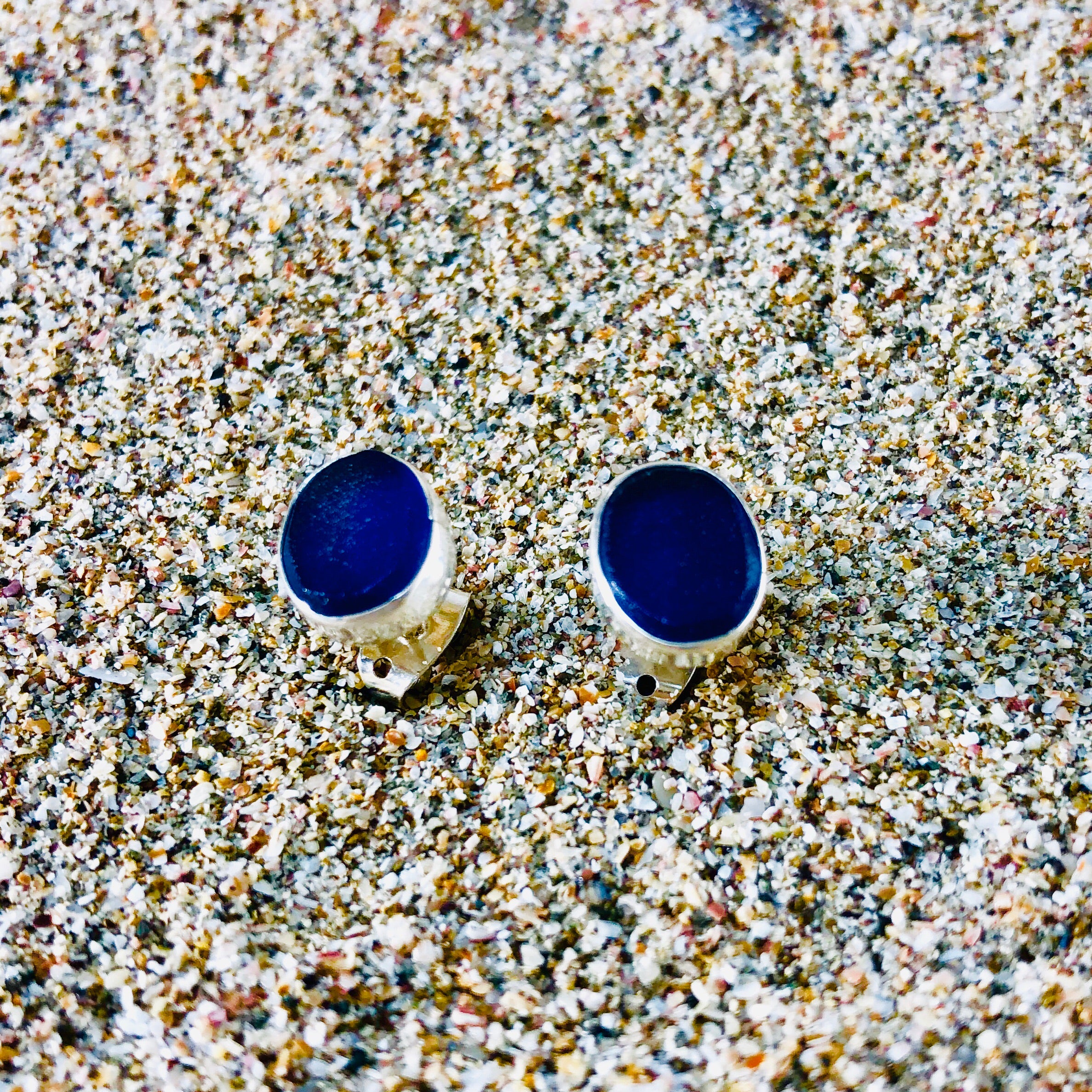 Sea Glass Oval Stud Earrings Blue small-Jenstones Jewelry