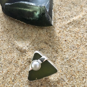Ring Sterling and Dark Green Sea Glass with Banded Pearl-Jenstones Jewelry
