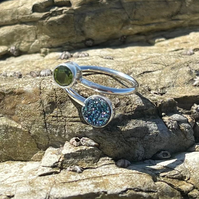 Faceted Peridot and Druzy Wrap Around Ring-Jenstones Jewelry