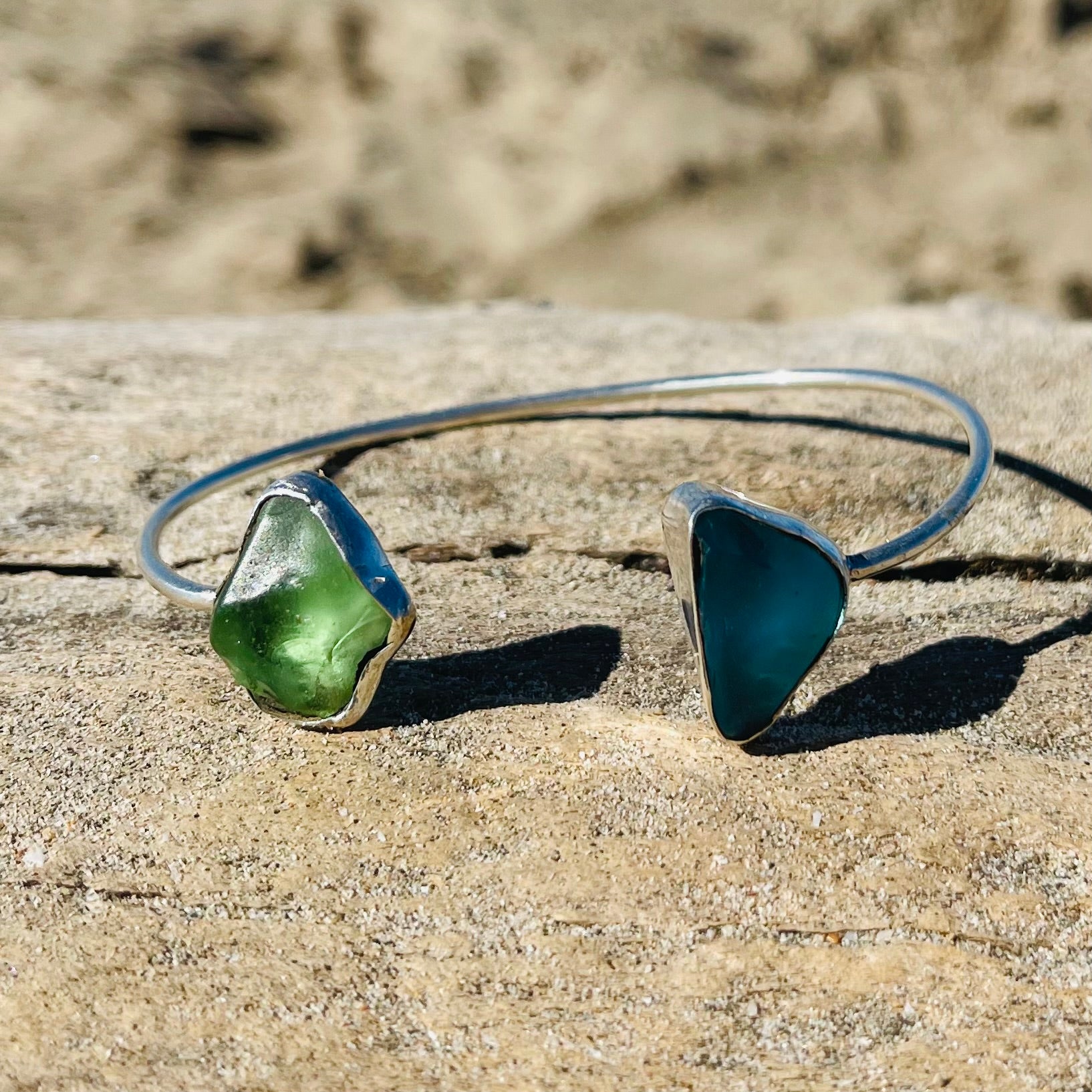 Wrap Bangle with Blue & Sea Foam Green Sea Glass-Jenstones Jewelry