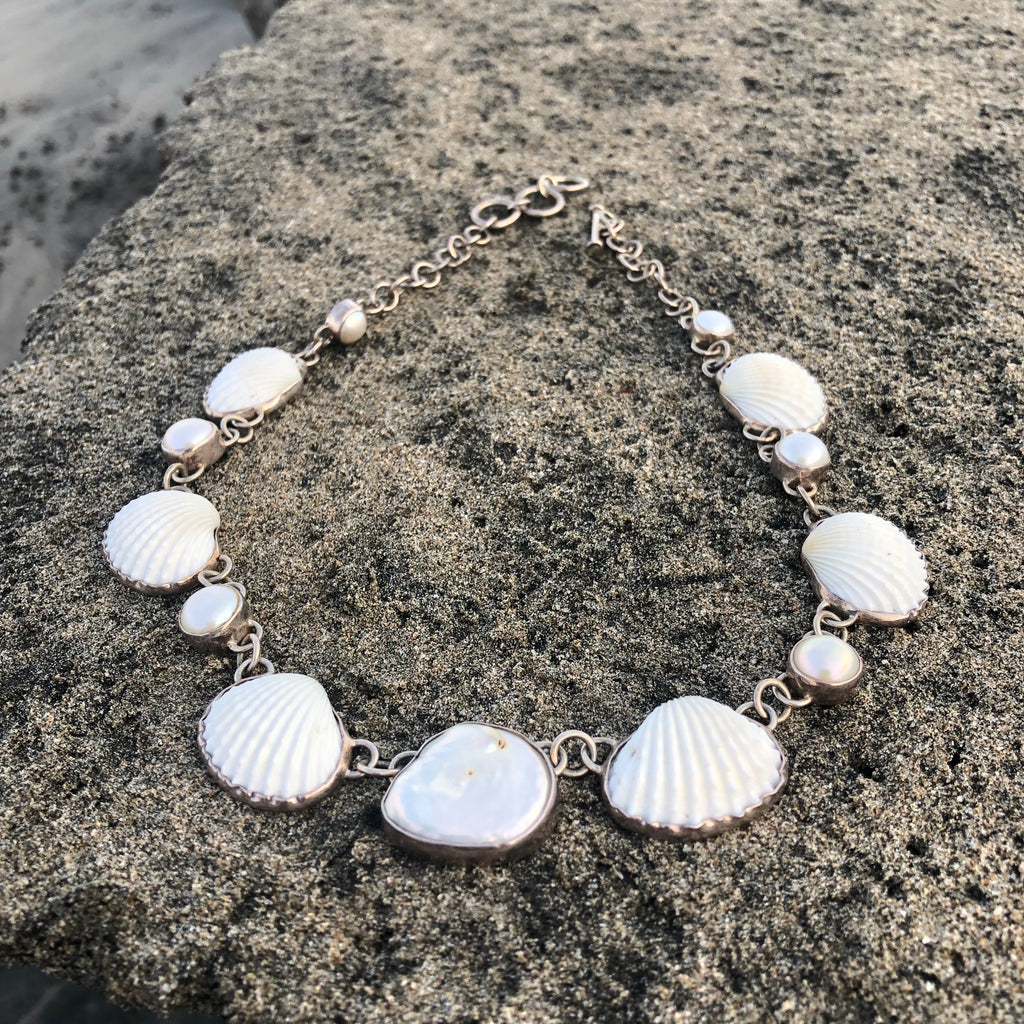 Pearl and Scallop Shell Silver Link Necklace-Jenstones Jewelry