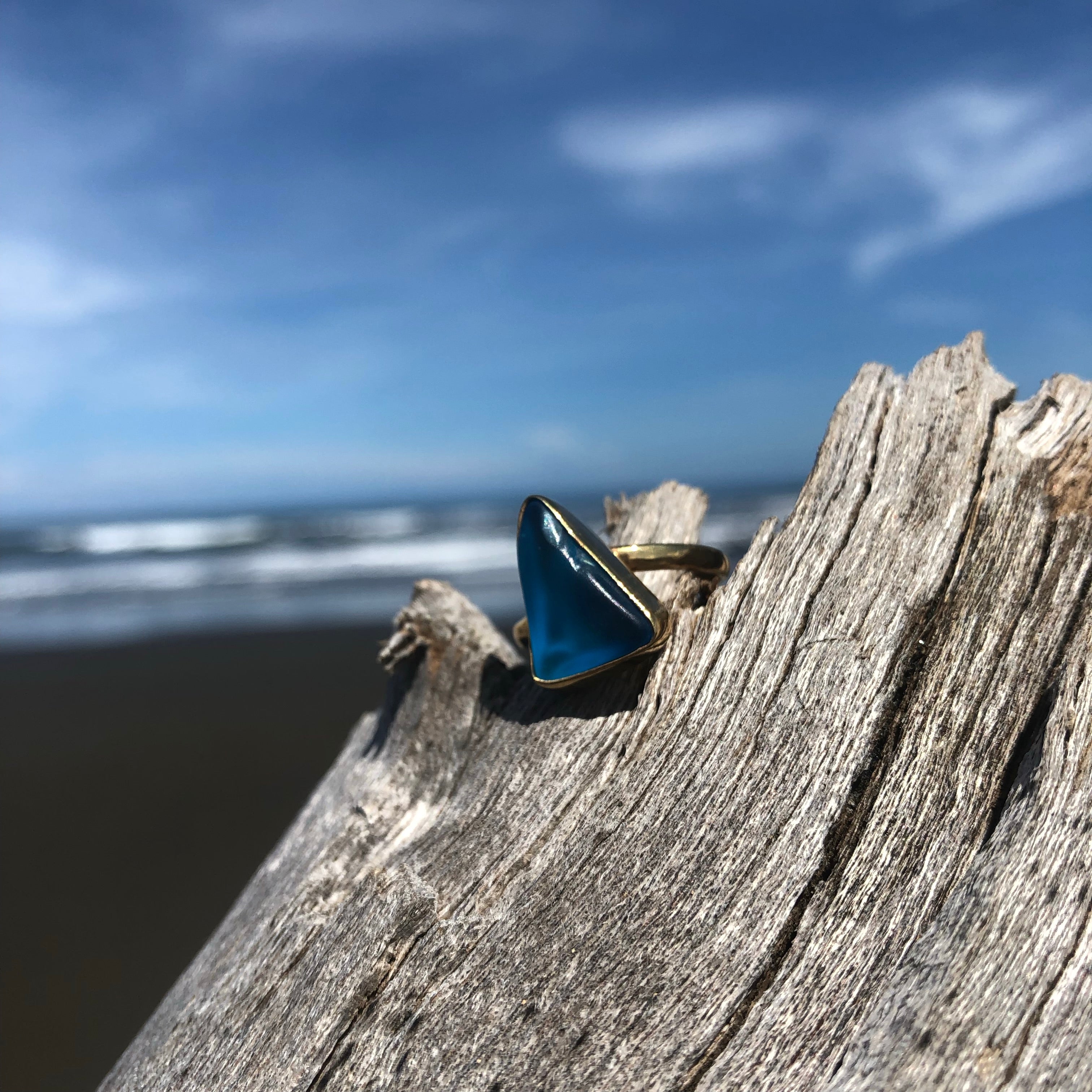 Bronze Sea Glass Aqua Blue Triangle-Jenstones Jewelry